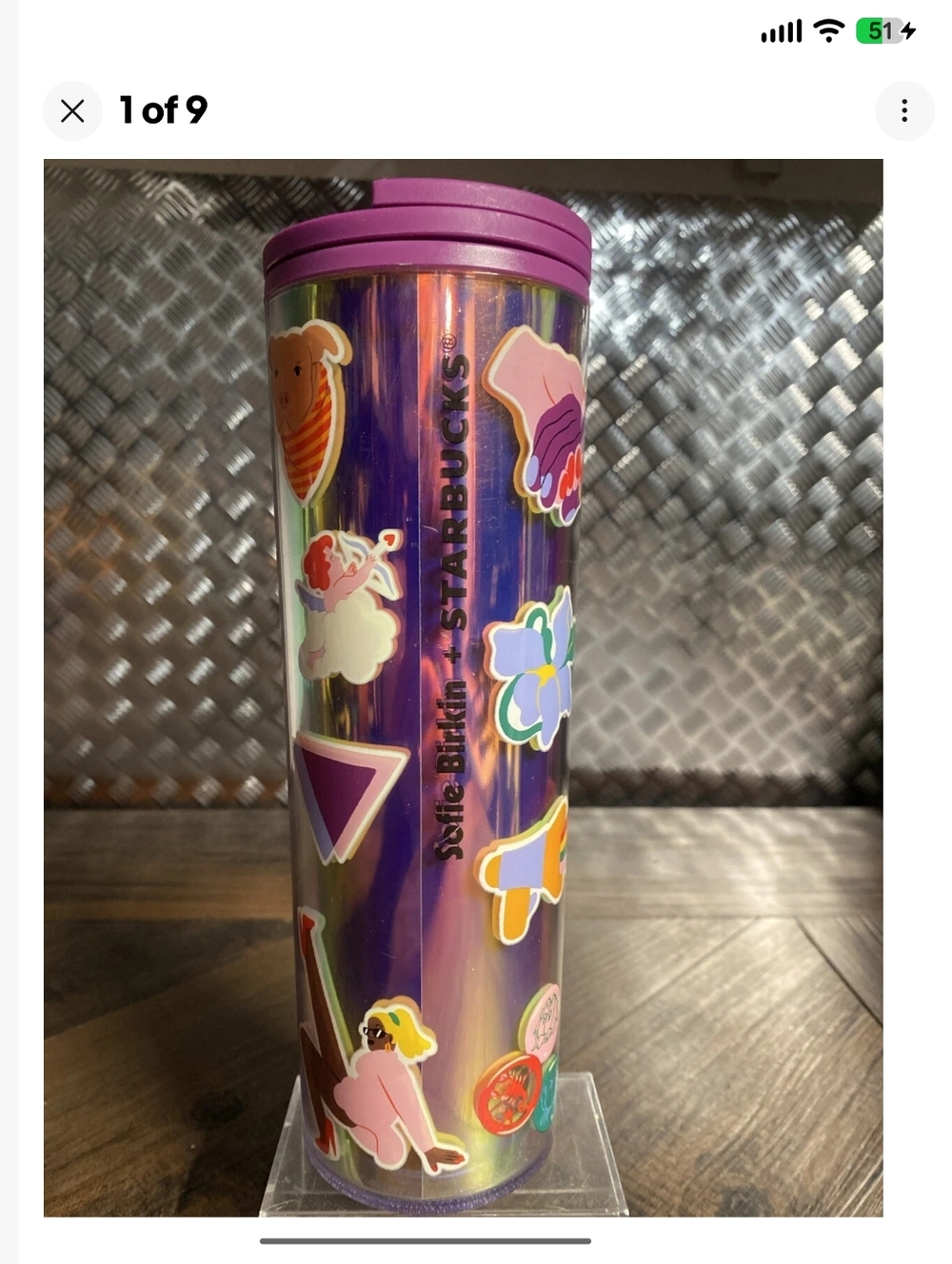 Starbucks Iridescent Tumbler with Purple Lid and Multicolor Stickers